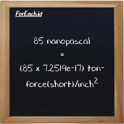 How to convert nanopascal to ton-force(short)/inch<sup>2</sup>: 85 nanopascal (nPa) is equivalent to 85 times 7.2519e-17 ton-force(short)/inch<sup>2</sup> (tf/in<sup>2</sup>)